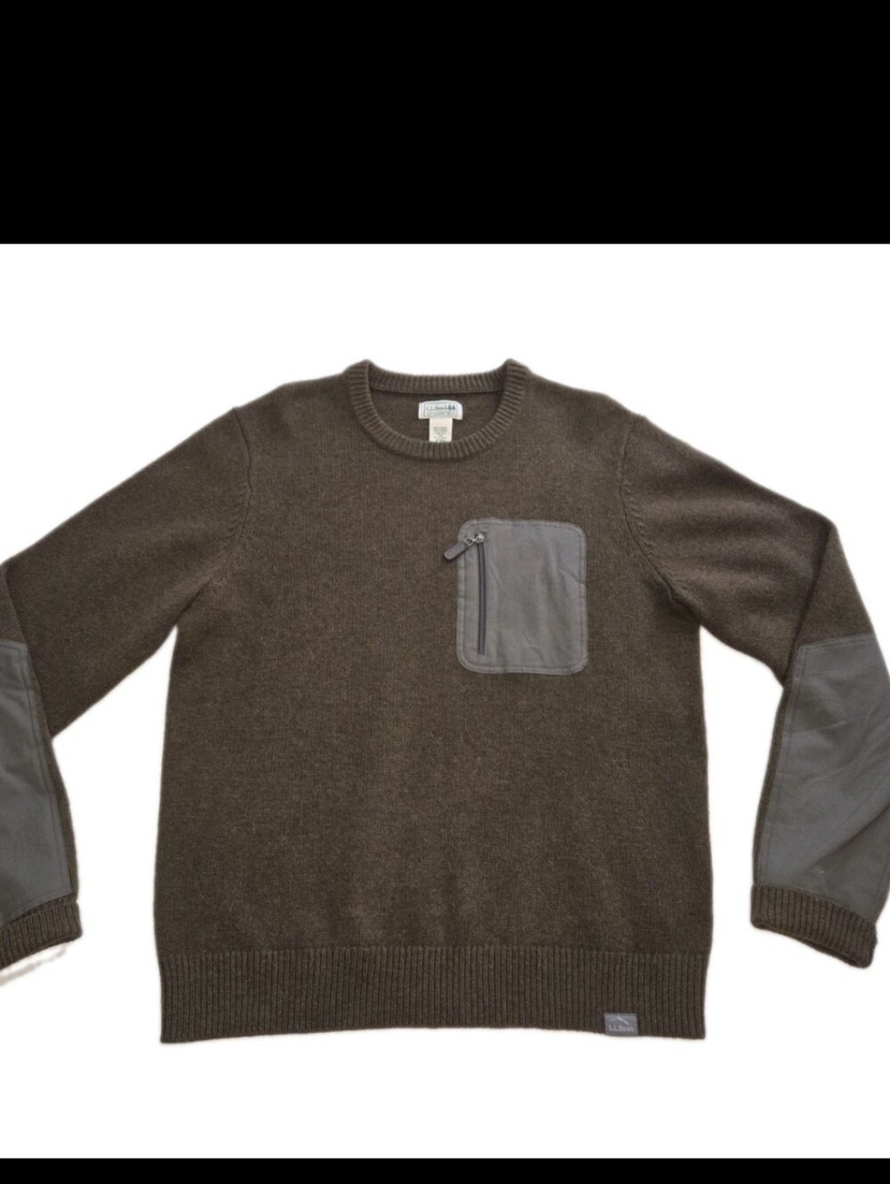 VTG L.L. Bean Merino Lambs Wool Men Sweater Size Medium Dark Green Elbow Patches